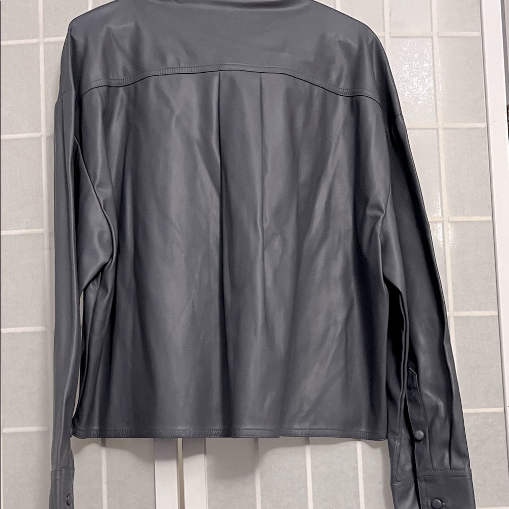 Zara Women's Dark Grey Faux Leather Tie Shirt - Picture 7 of 7